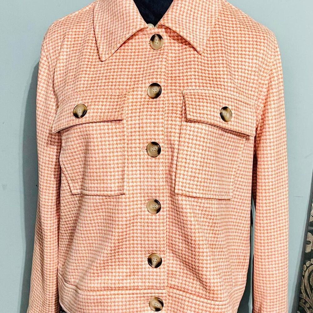 Bagatelle Peach & Cream Houndstooth Jacket Size Large Full Button Very Soft